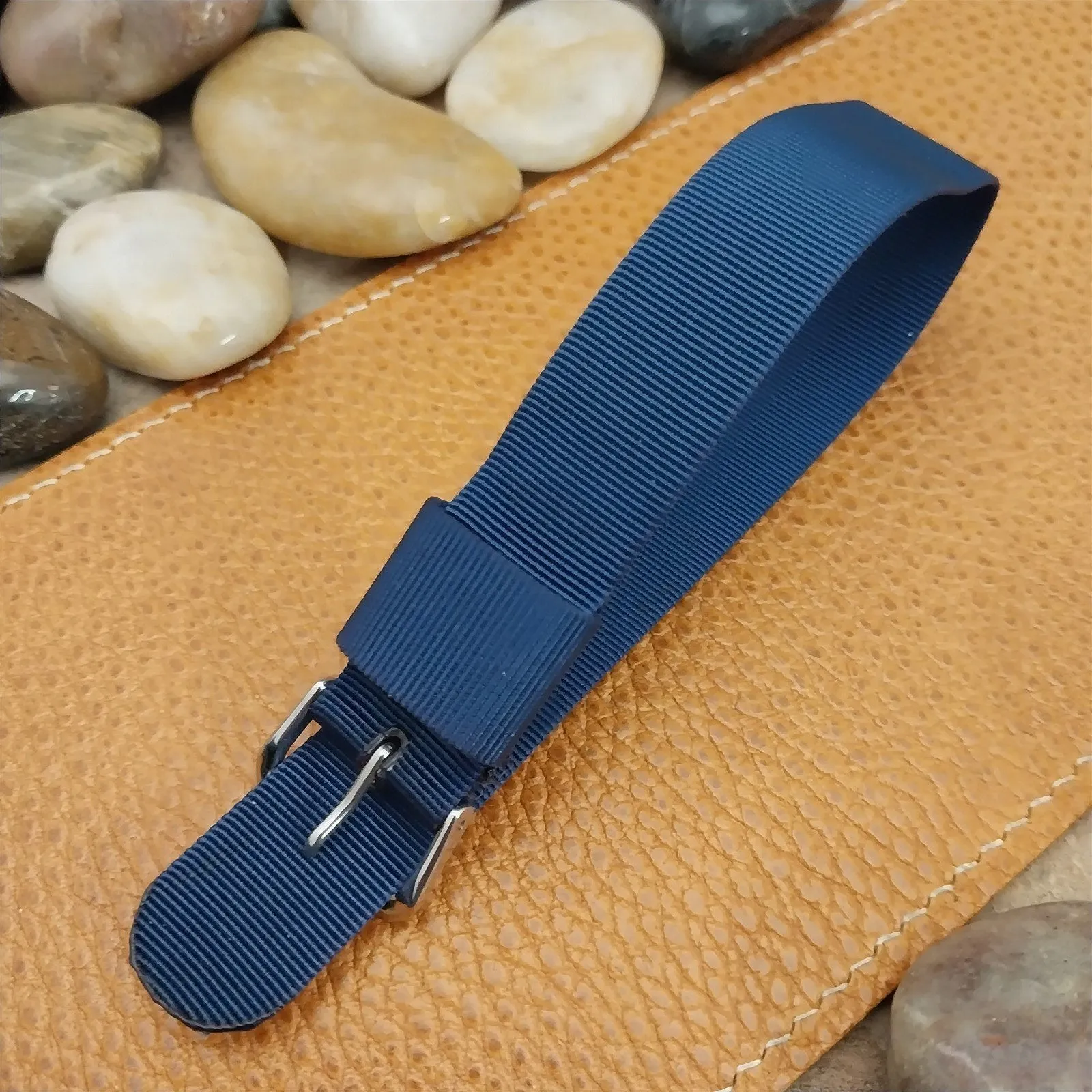 18mm Blue Nylon Single Pass Unused Vintage Watch Band &Polished Stainless Buckle