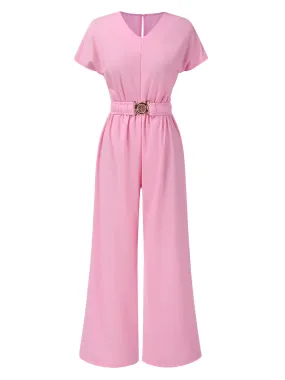 1950s Solid V-Neck Belted Jumpsuit