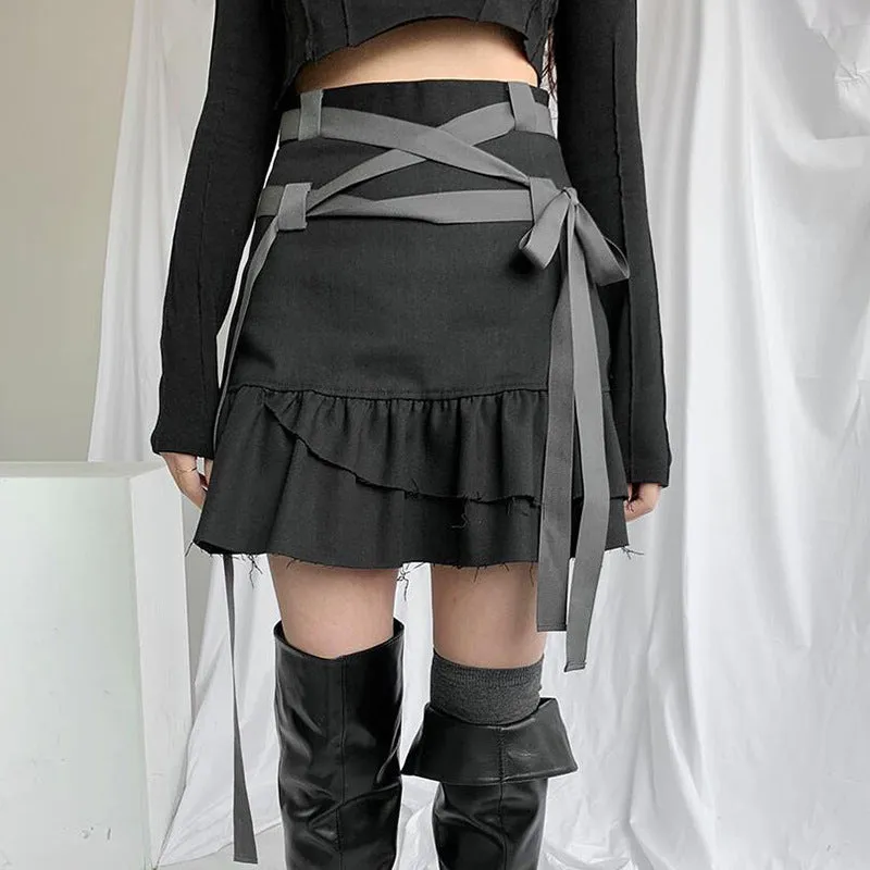 2021 dark gothic casual bandage high waist layered pleated flounces skirt ripped trim