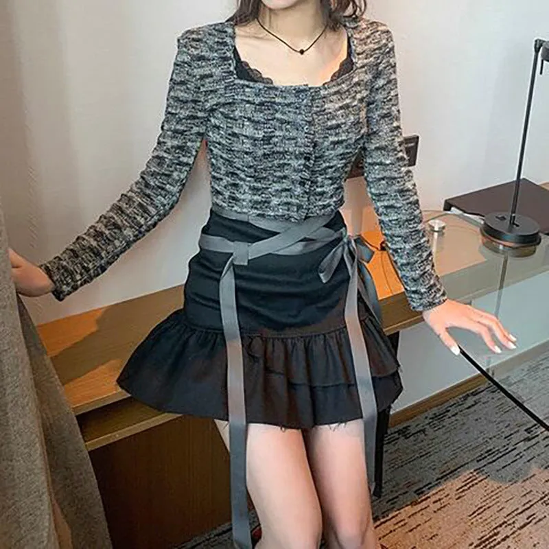 2021 dark gothic casual bandage high waist layered pleated flounces skirt ripped trim