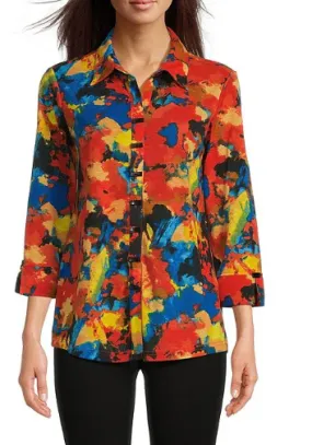 Abstract Print Collared 3/4 SLeeve Button Down Tunic