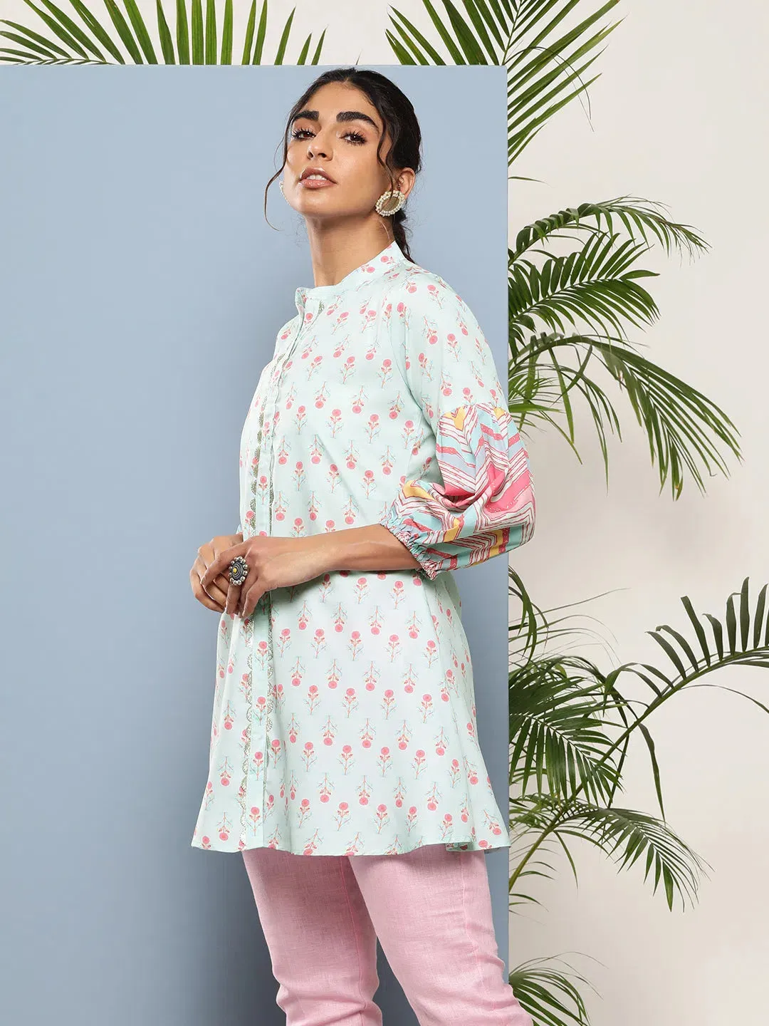 Ahalyaa Sea Green Pink Mandarin Collar Printed Tunic