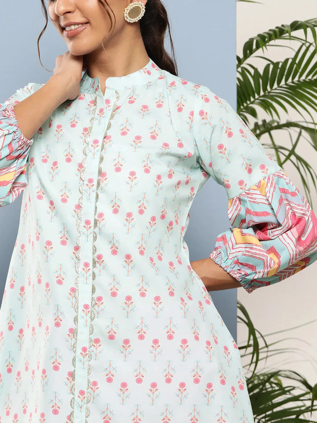 Ahalyaa Sea Green Pink Mandarin Collar Printed Tunic