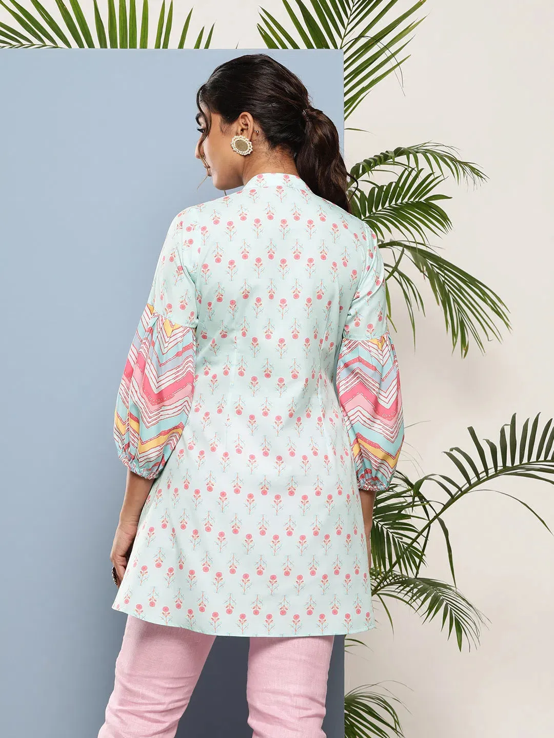 Ahalyaa Sea Green Pink Mandarin Collar Printed Tunic