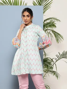 Ahalyaa Sea Green Pink Mandarin Collar Printed Tunic