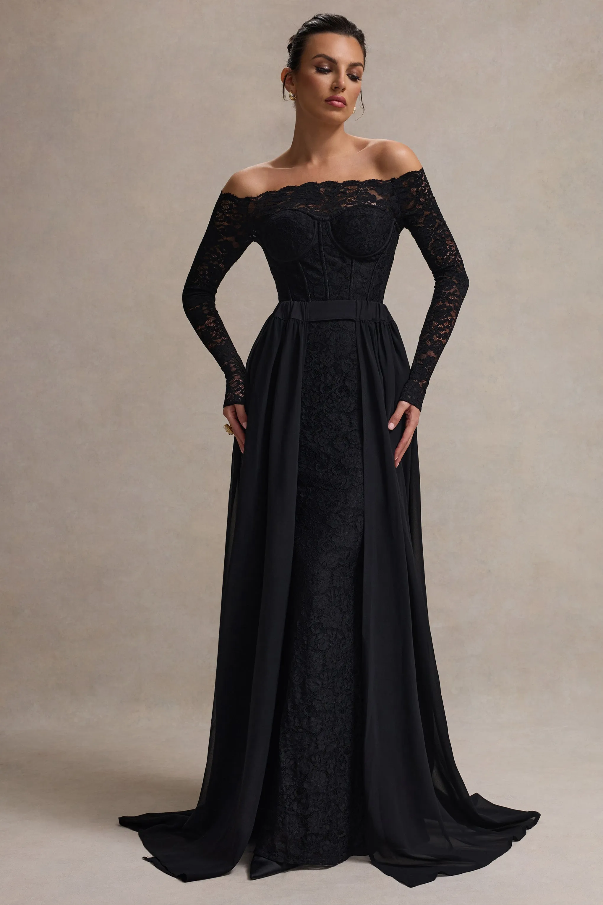 Astoria | Black Lace Bardot Maxi Dress With Chiffon Skirt