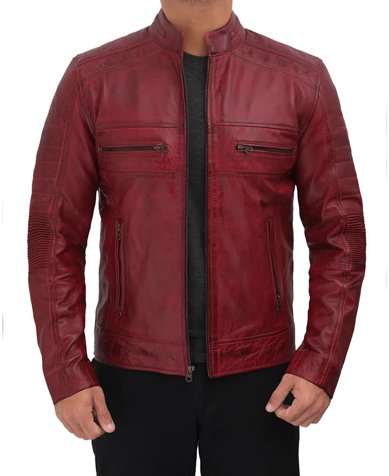 Austin Maroon Cafe Racer Distressed Leather Jacket Mens