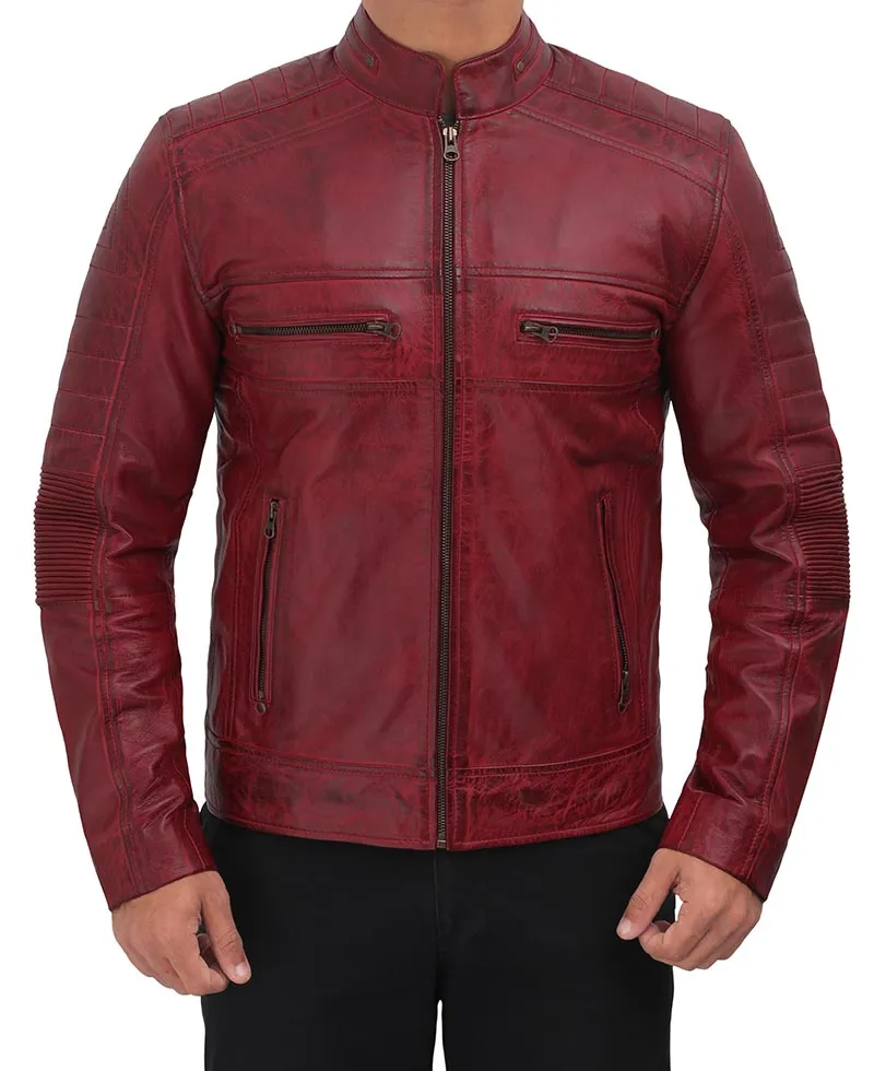 Austin Maroon Cafe Racer Distressed Leather Jacket Mens