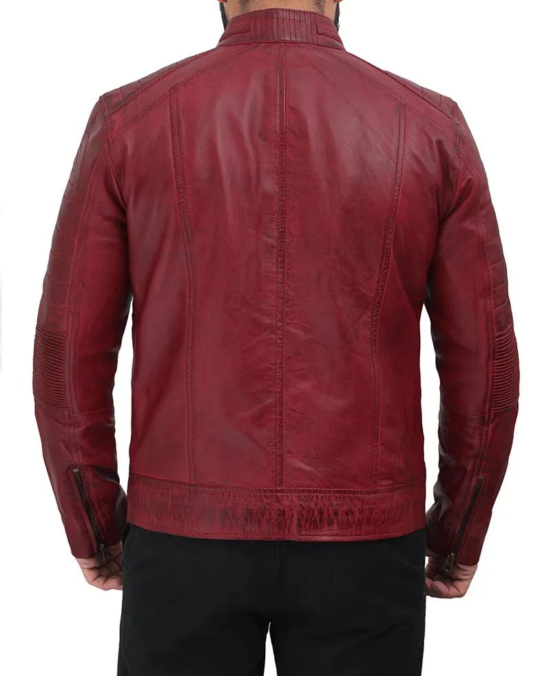 Austin Maroon Cafe Racer Distressed Leather Jacket Mens