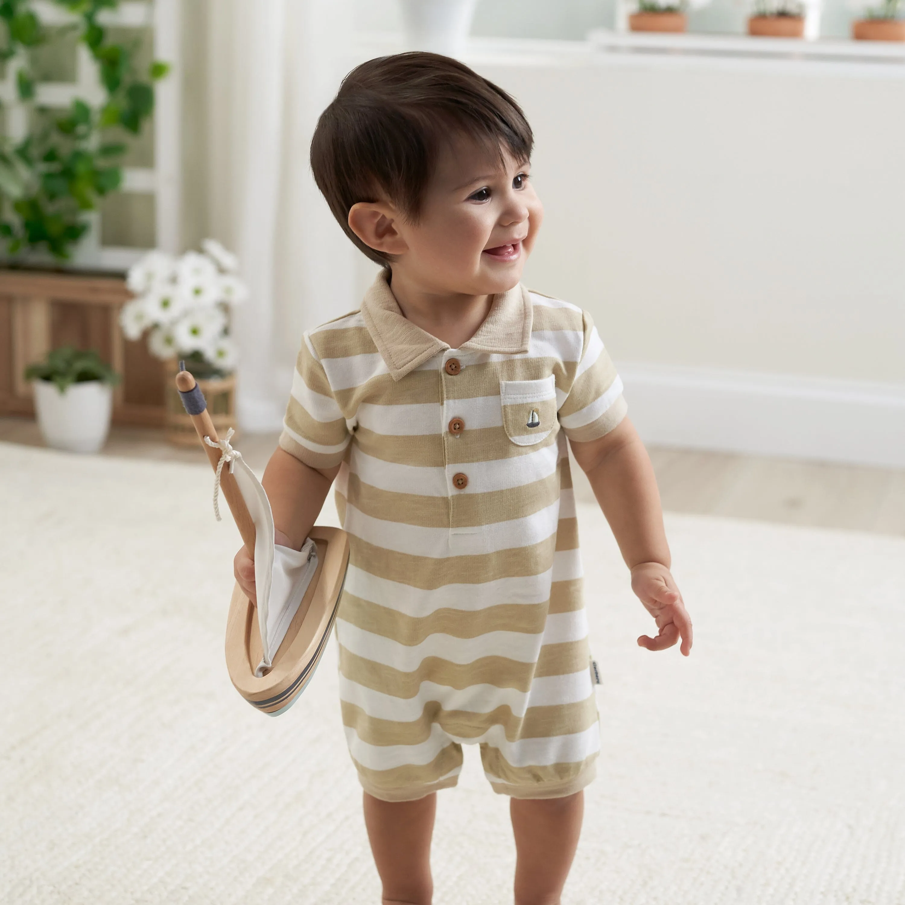 Baby Boys Tan Stripe Collared Romper