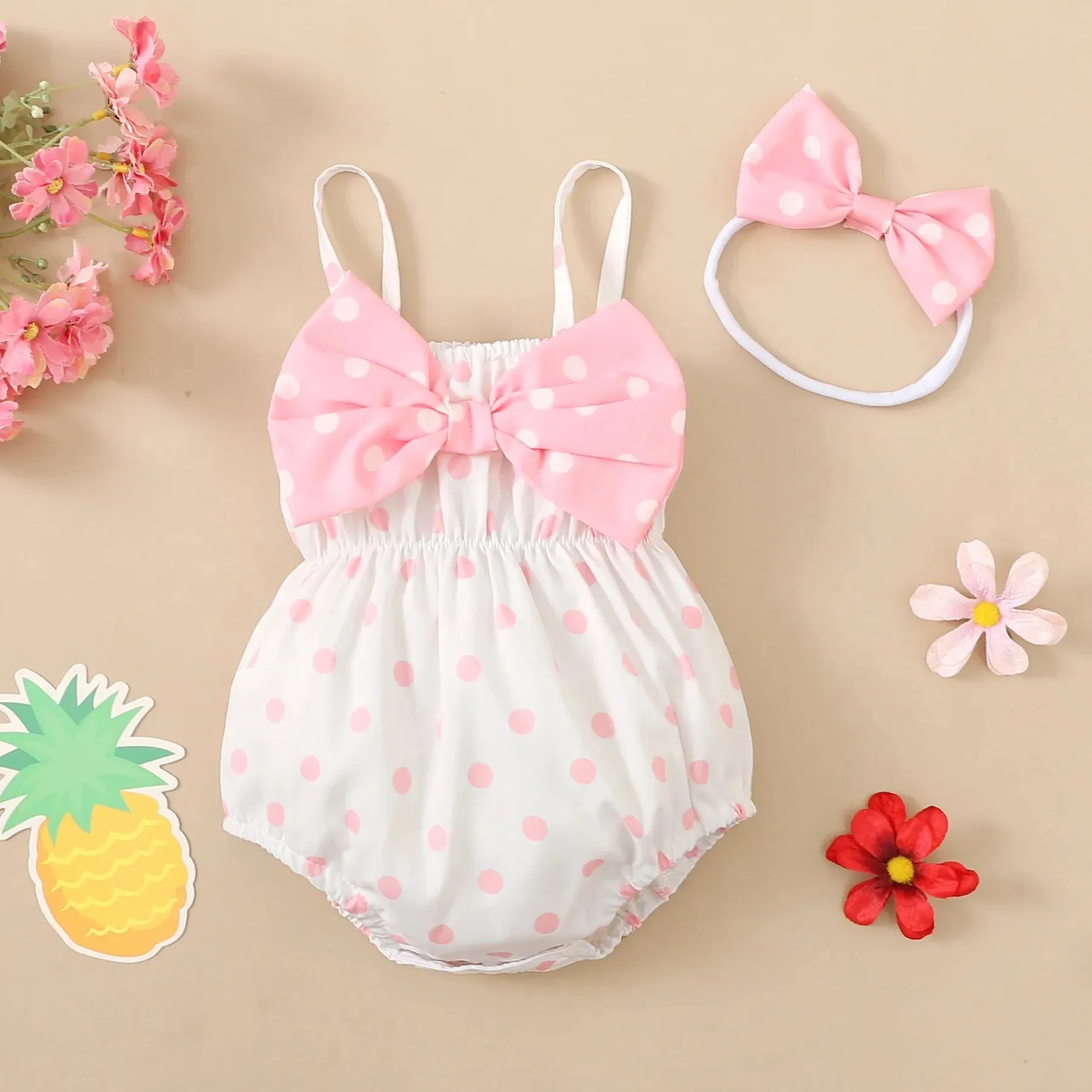 Baby Girl All over Dots Bowknot Sleeveless Spaghetti Strap Romper with Headband Set Soft and Comfortable 2pcs