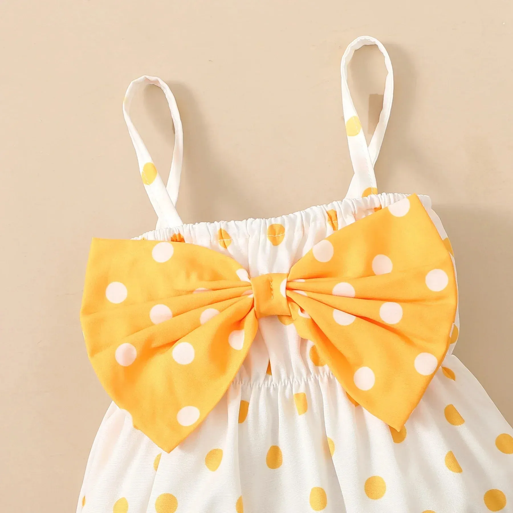 Baby Girl All over Dots Bowknot Sleeveless Spaghetti Strap Romper with Headband Set Soft and Comfortable 2pcs