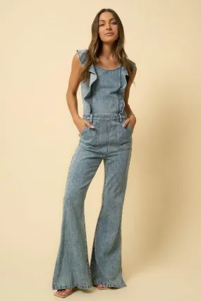 Backless Puffle Denim Jumpsuit