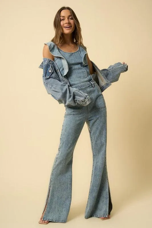 Backless Puffle Denim Jumpsuit