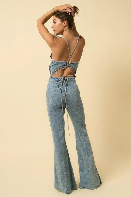 Backless Puffle Denim Jumpsuit