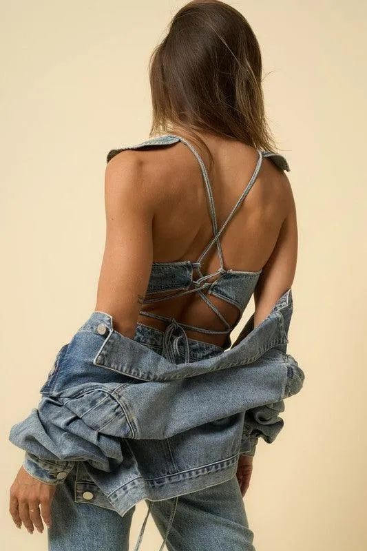 Backless Puffle Denim Jumpsuit