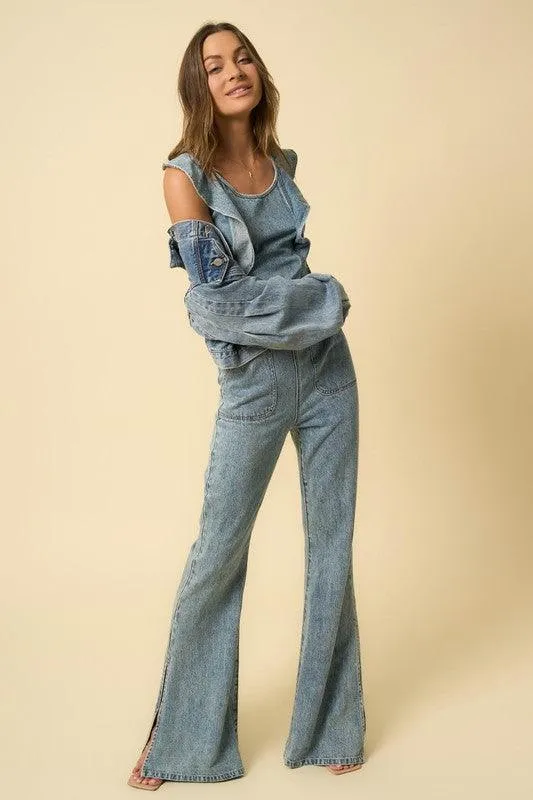 Backless Puffle Denim Jumpsuit