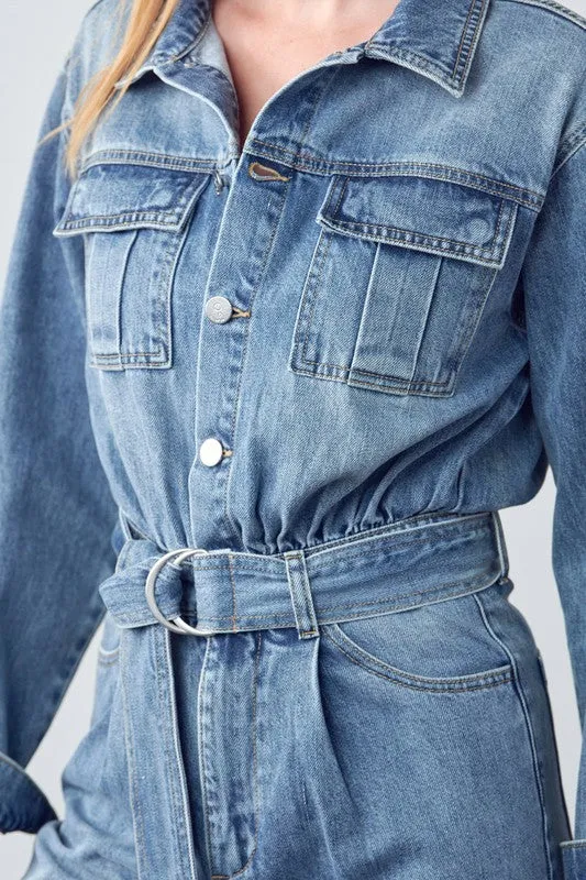 Belted Collared Button Front Denim Jumpsuit