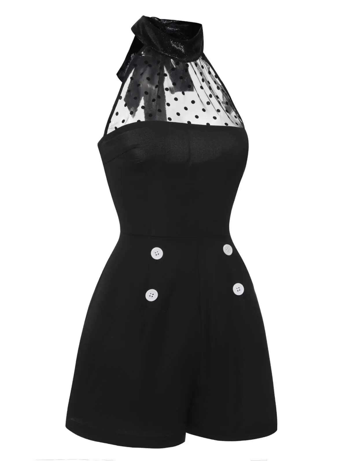 Black 1950s Polka Dots Sheer Neck Romper