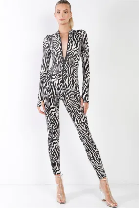 Black & White Zebra Print Long Sleeve High-Neck Front Zip Fitted Catsuit / Jumpsuit /2-1-3