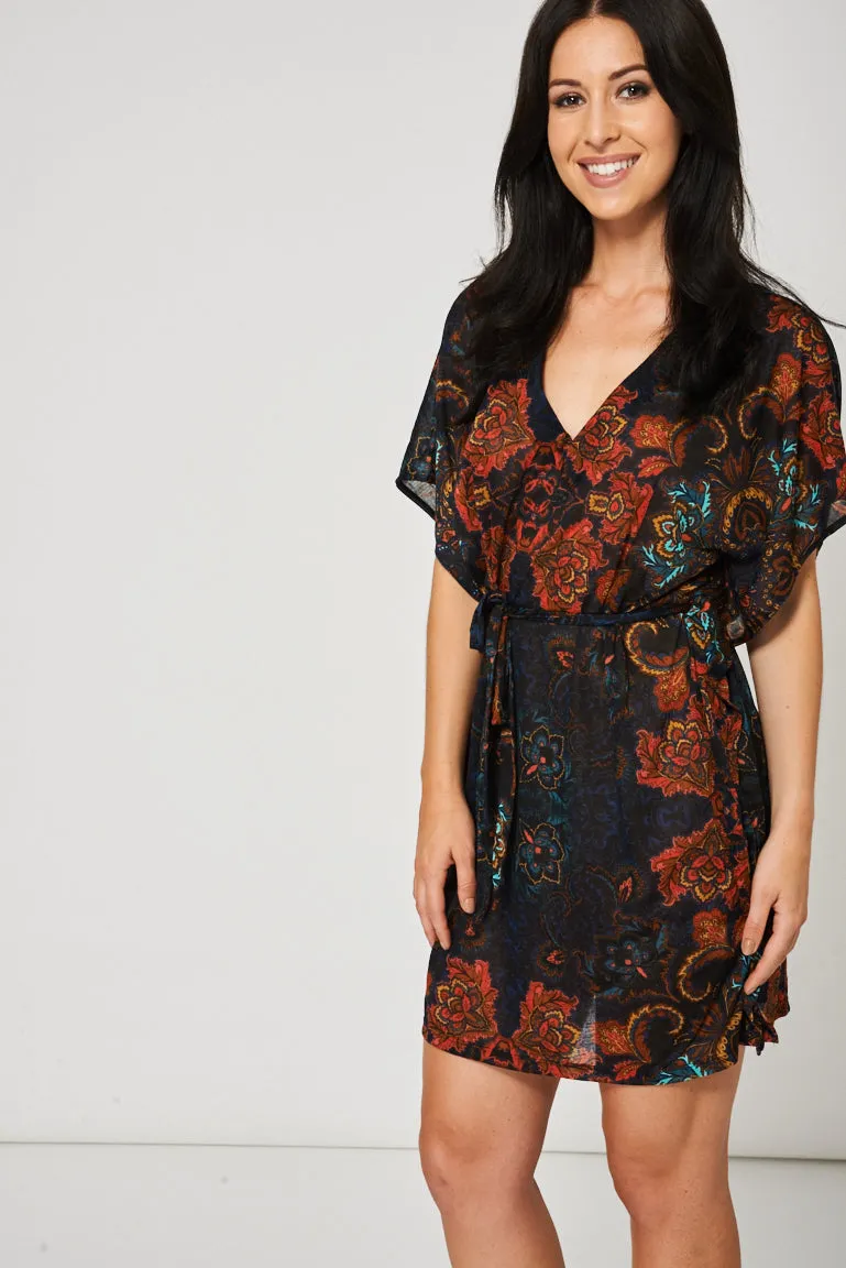 Black Belted Dress With Floral Print Ex-Branded