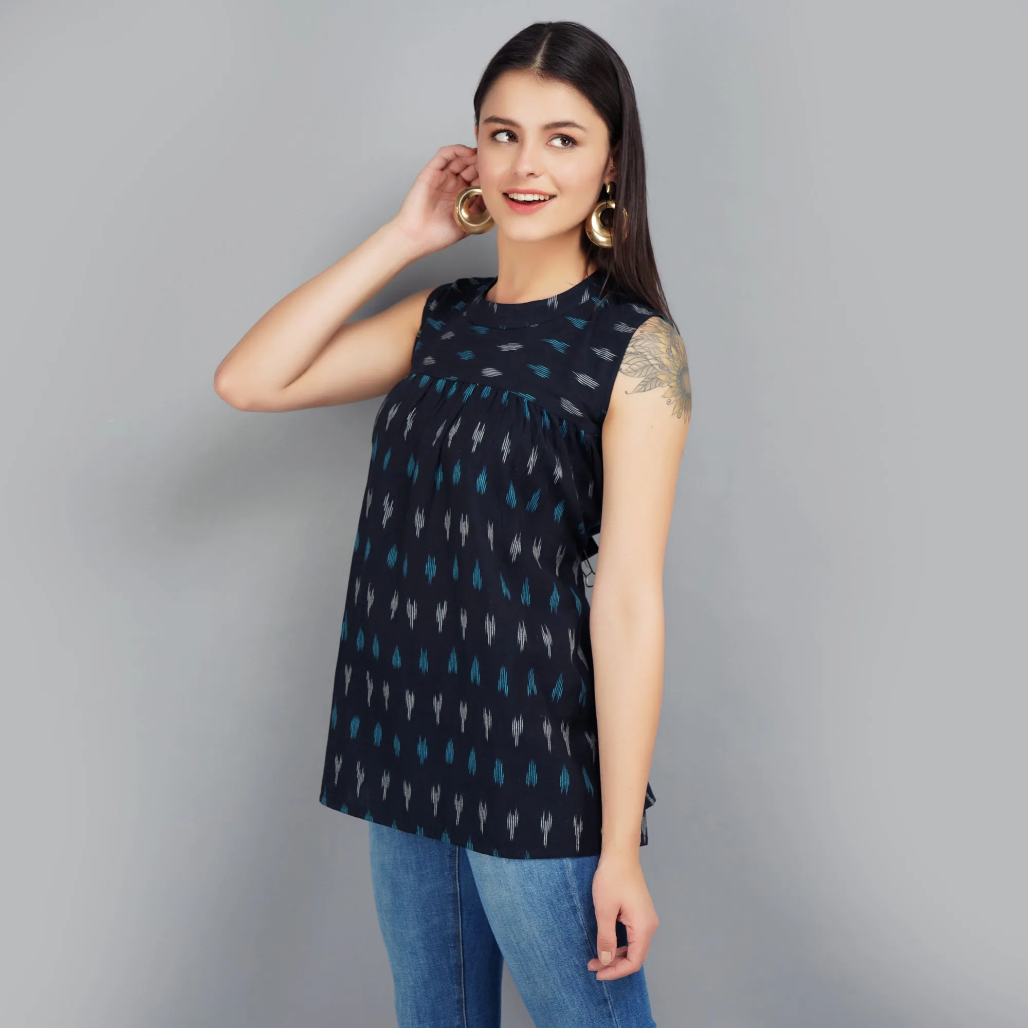 Black Ikat Cotton Sleeveless Top