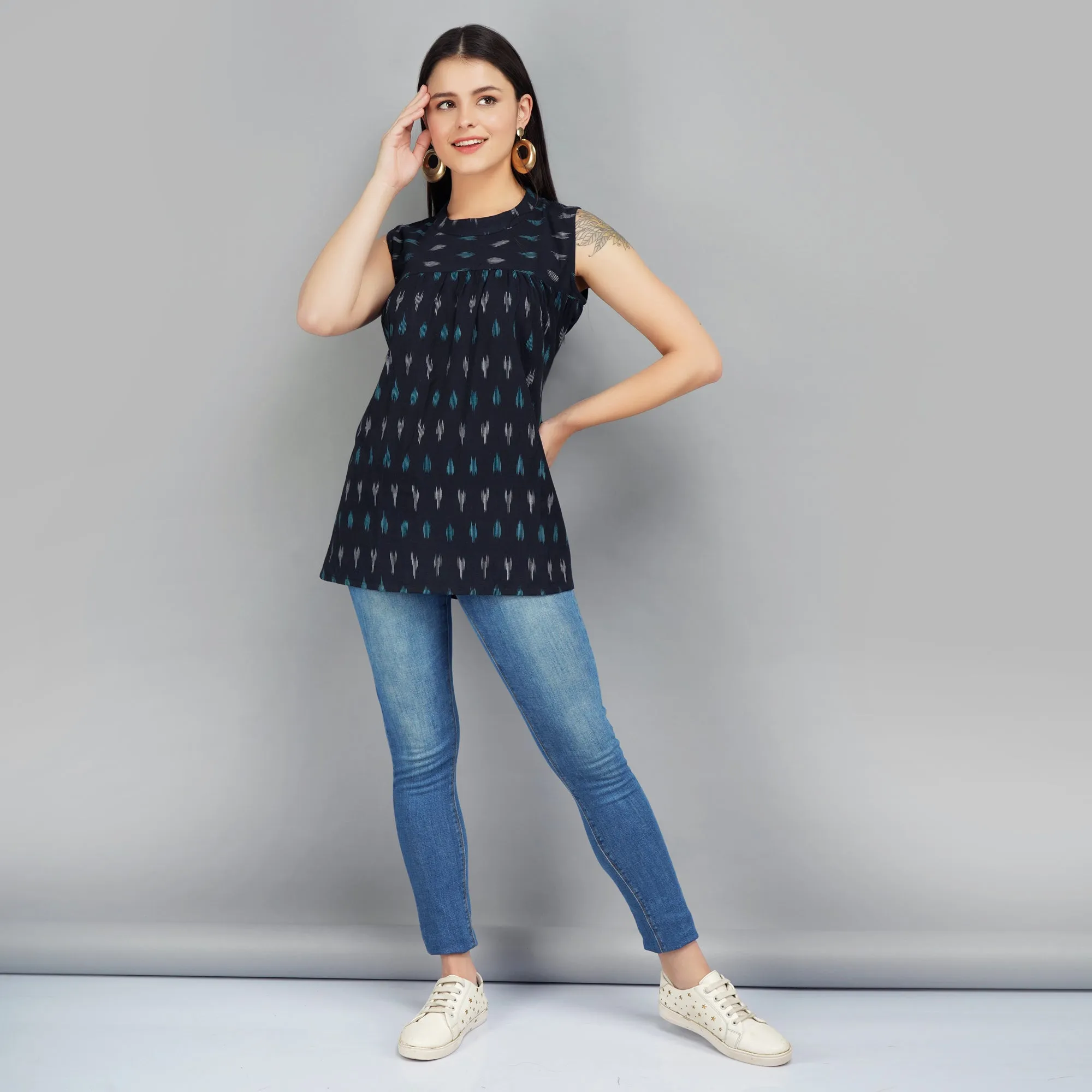 Black Ikat Cotton Sleeveless Top