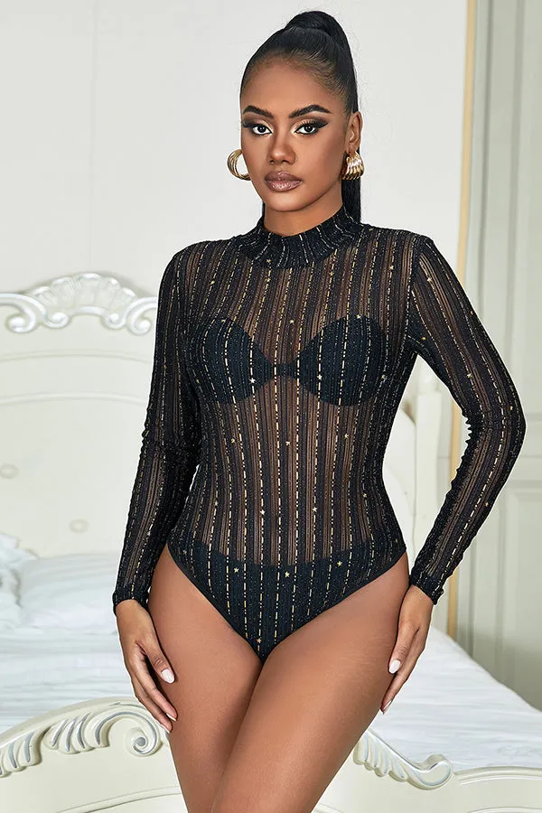 Black Long-Sleeved Mesh Star Bodysuit