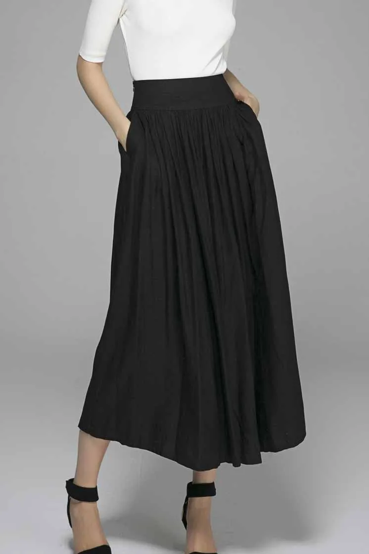 Black maxi swing skirt with pleated waist 1384#