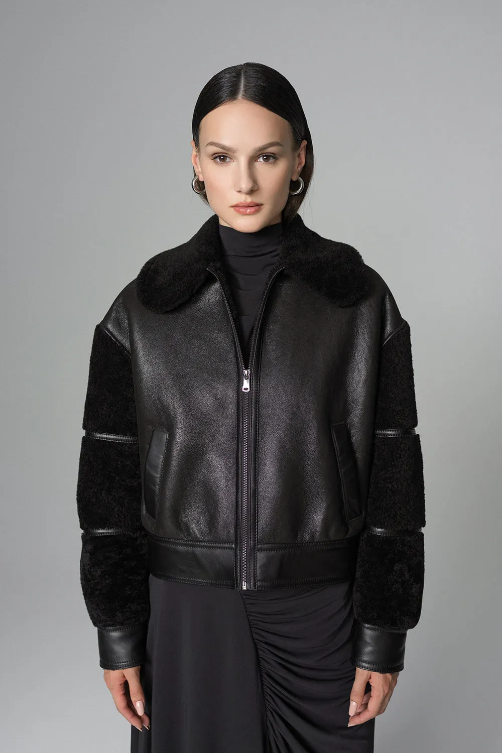 Black Oversized Shearling Leather Jacket