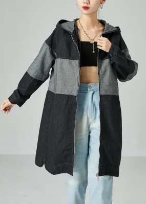 Black Patchwork Cotton Denim Trench Coat Hooded Oversized