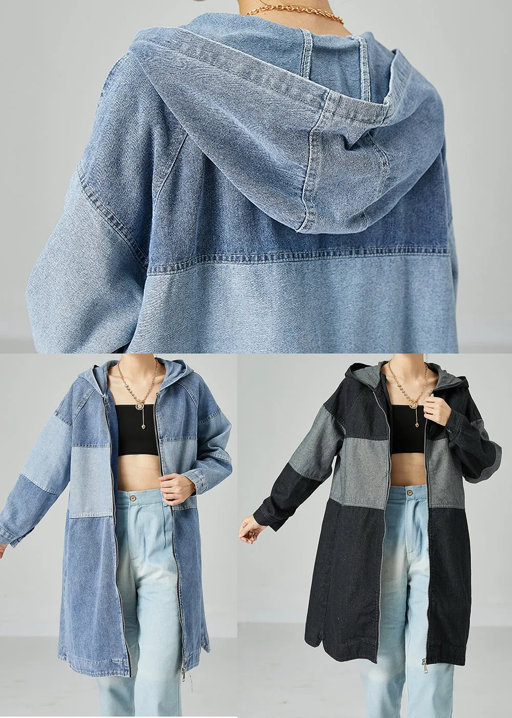 Black Patchwork Cotton Denim Trench Coat Hooded Oversized