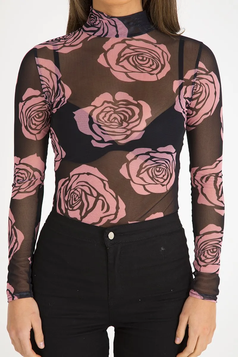 Black Sheer Rose Bodysuit - Adelaide