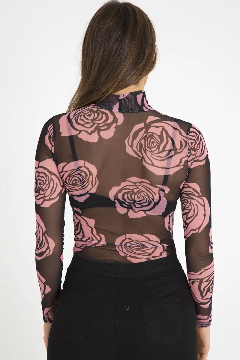 Black Sheer Rose Bodysuit - Adelaide