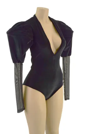 Black Velvet Siren Romper with Plunging V neckline & Victoria Sleeves