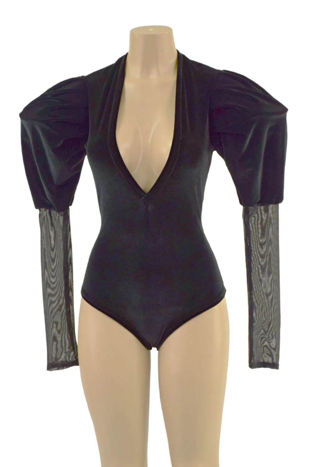 Black Velvet Siren Romper with Plunging V neckline & Victoria Sleeves