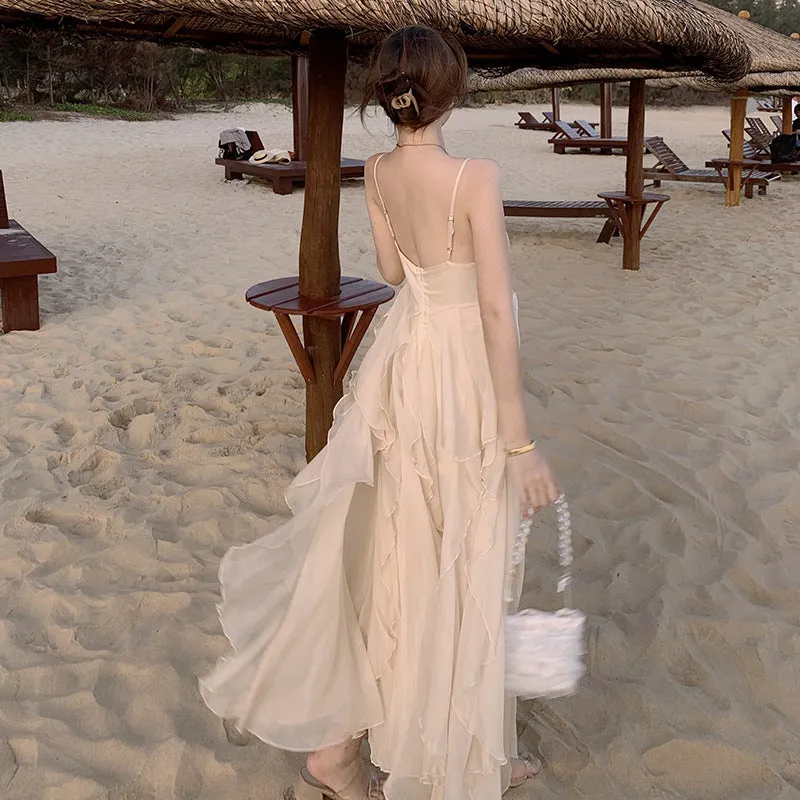 Blogger chiffon beach bridal festive dress sling straps backless layered agaric edge long skater skirt