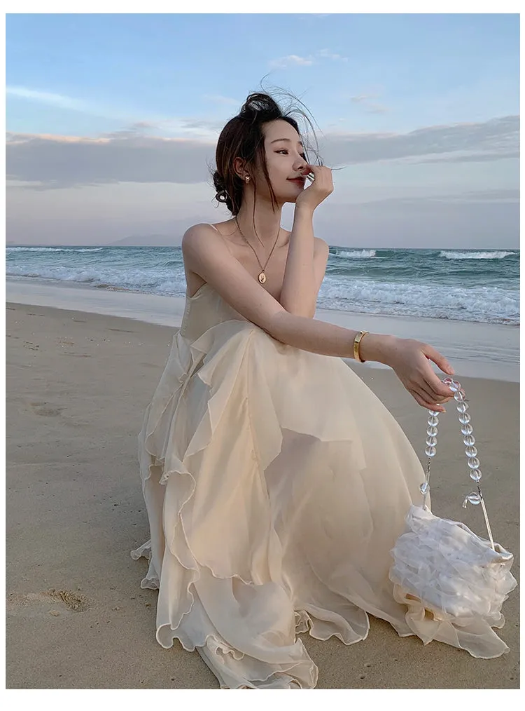 Blogger chiffon beach bridal festive dress sling straps backless layered agaric edge long skater skirt