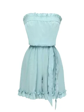 Blue 1950s Bandeau Ruffles Belted Romper