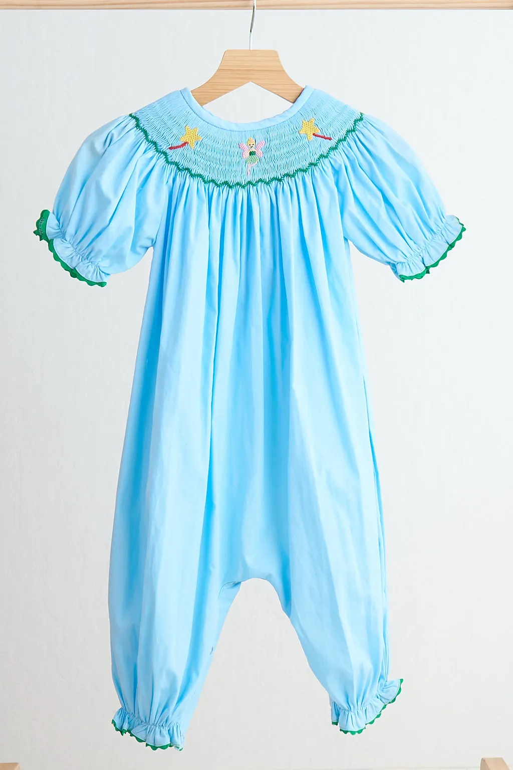 Blue fairy hand smocked gingham girl romper