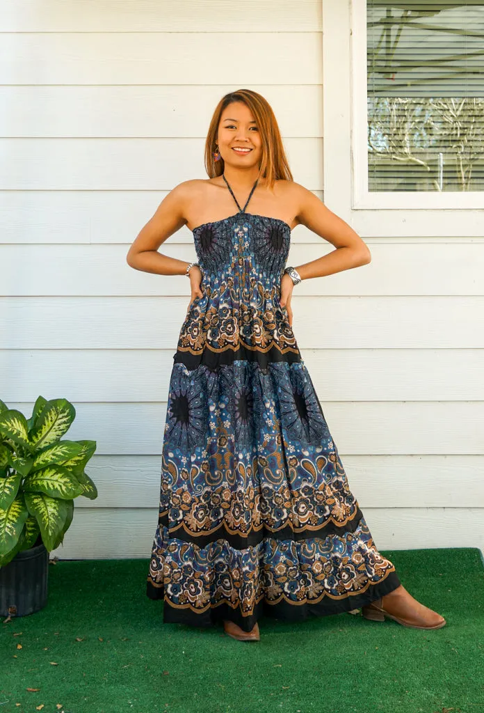 Blue Floral Tiered Mandala SunDress Maxi Dress