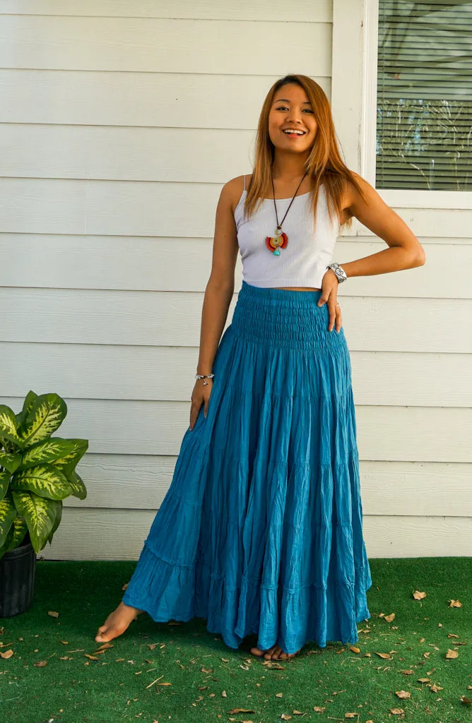 Blue Raw Crinkled Organic Cotton Gauze Tiered Maxi Skirt