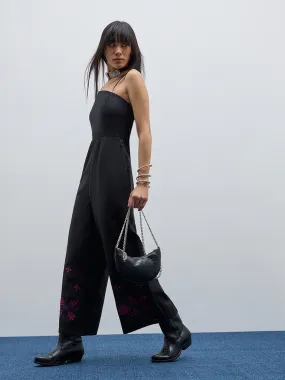 Bombay Paisley Black Embroidered Cotton Blend Jumpsuit