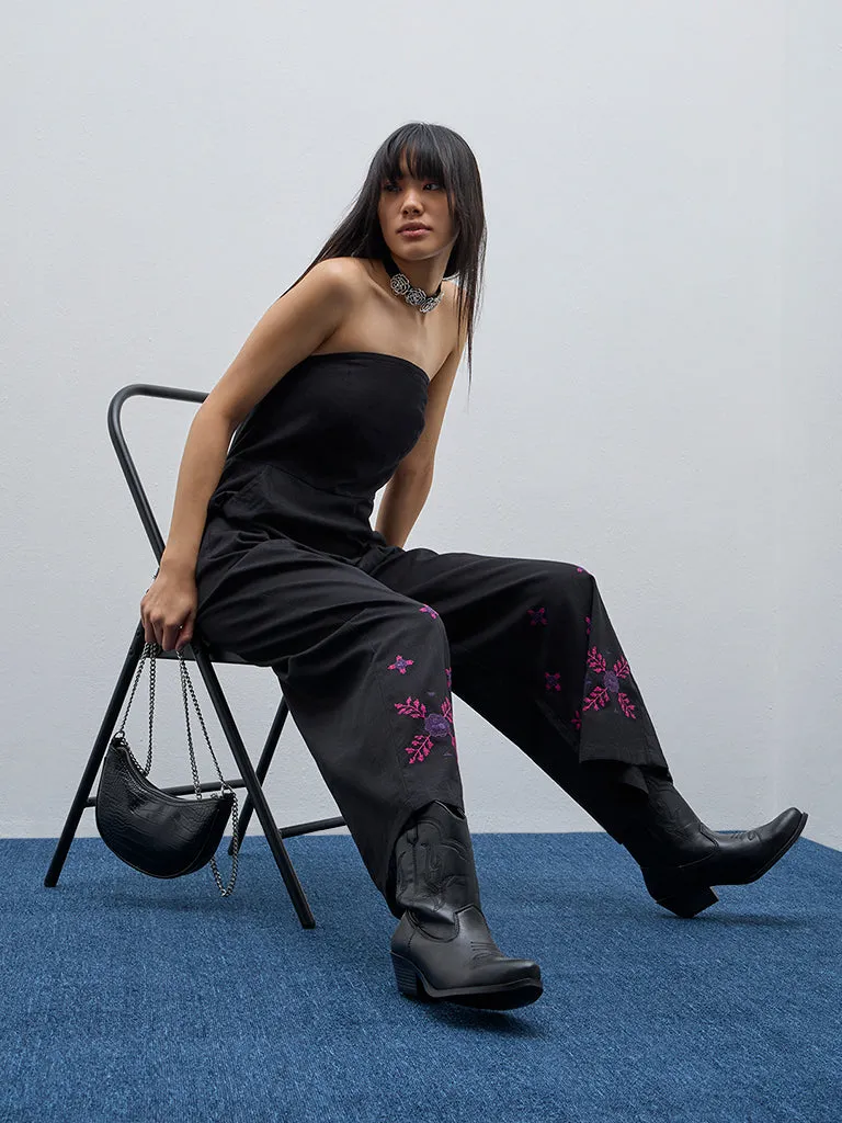 Bombay Paisley Black Embroidered Cotton Blend Jumpsuit