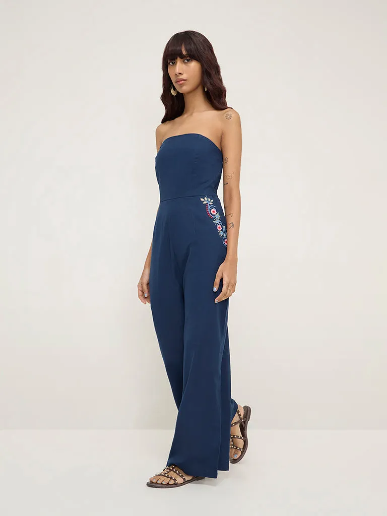 Bombay Paisley Navy Floral Printed Cotton Blend Jumpsuit