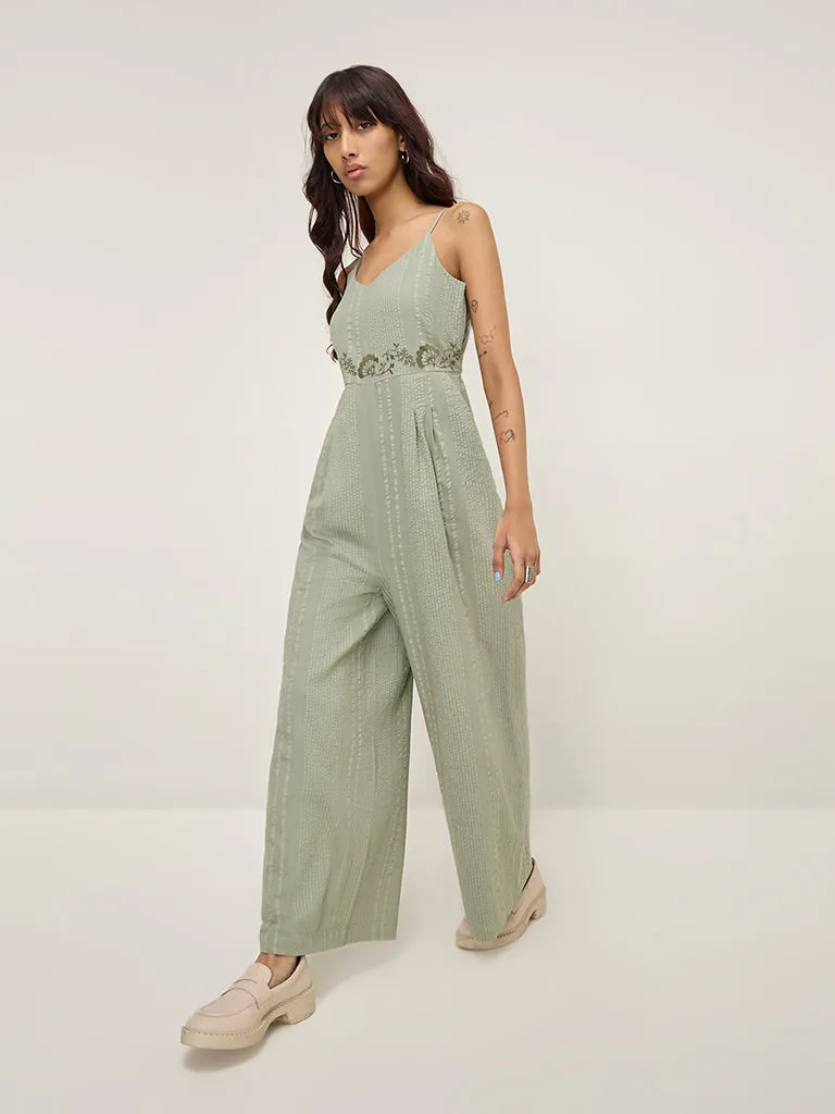 Bombay Paisley Sage Embroidered Seersucker Cotton Jumpsuit