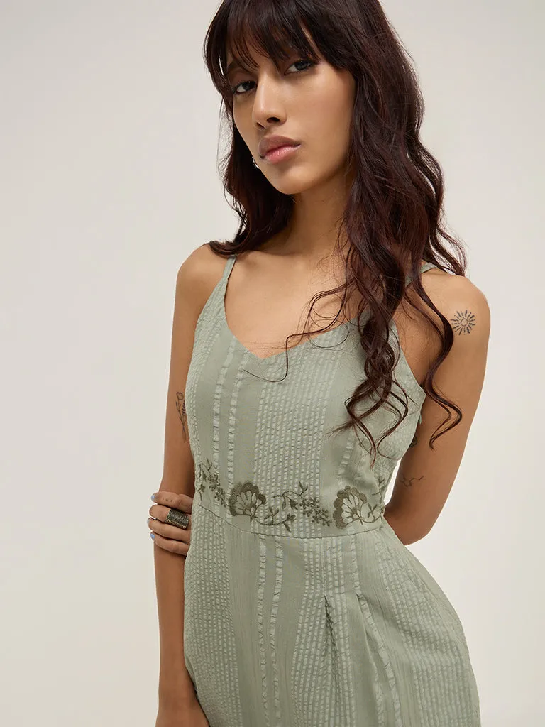 Bombay Paisley Sage Embroidered Seersucker Cotton Jumpsuit