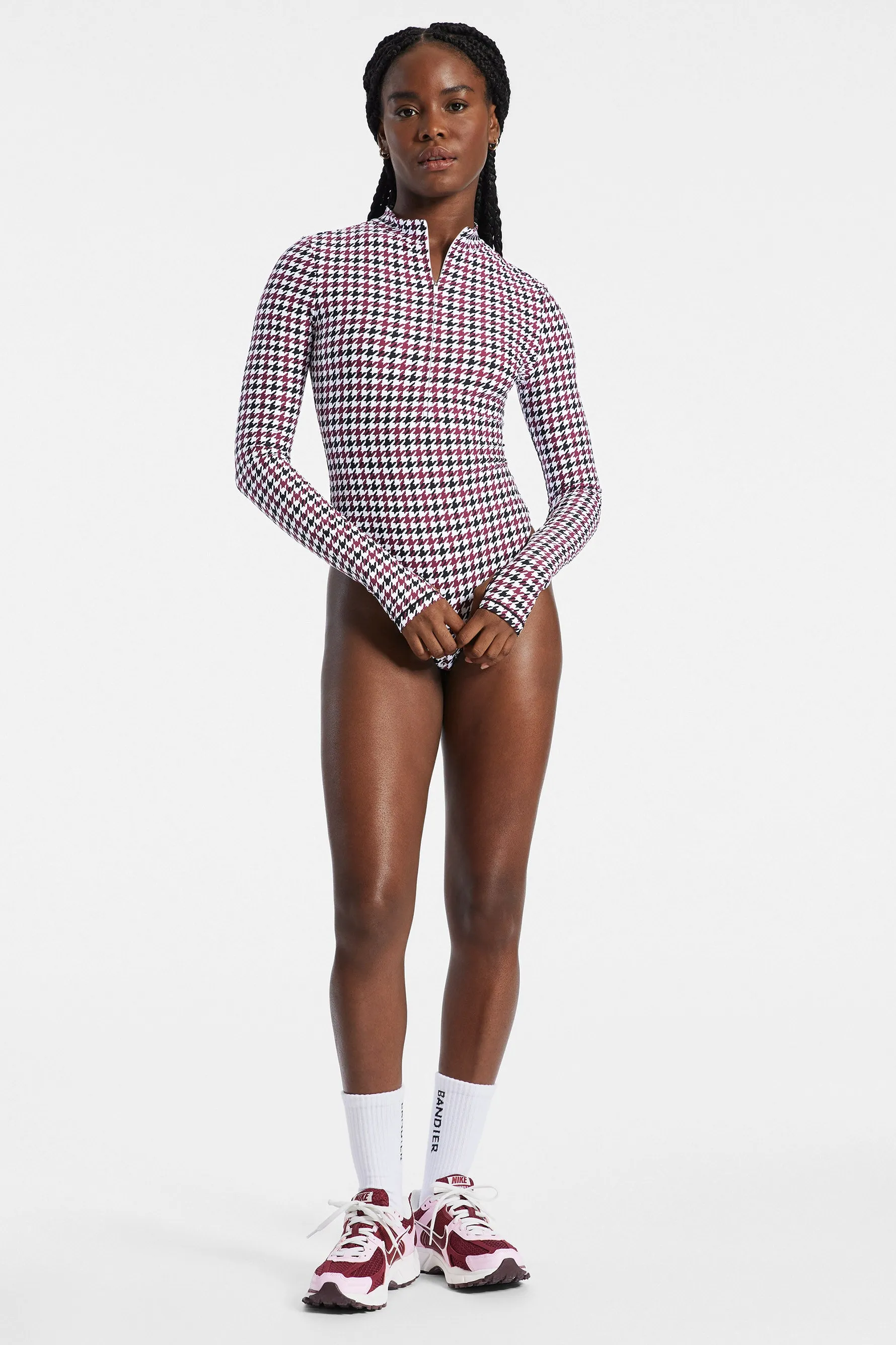 Brio 1/4 Zip Long Sleeve Bodysuit - Cordovan Houndstooth