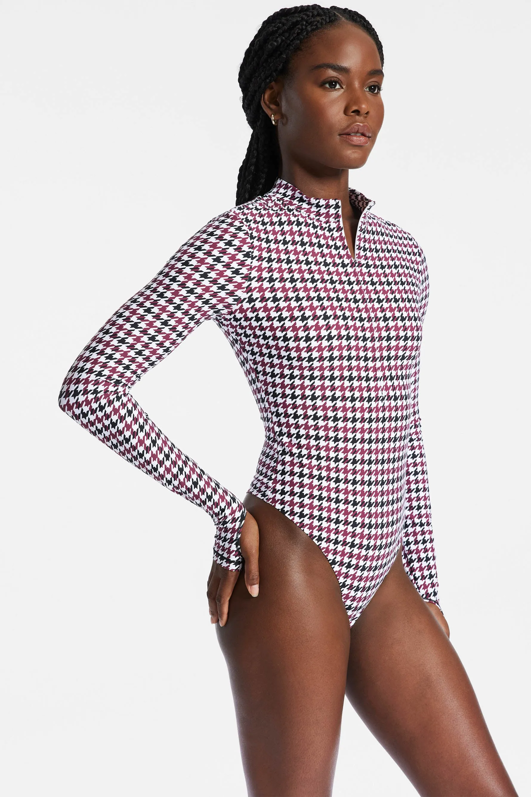 Brio 1/4 Zip Long Sleeve Bodysuit - Cordovan Houndstooth