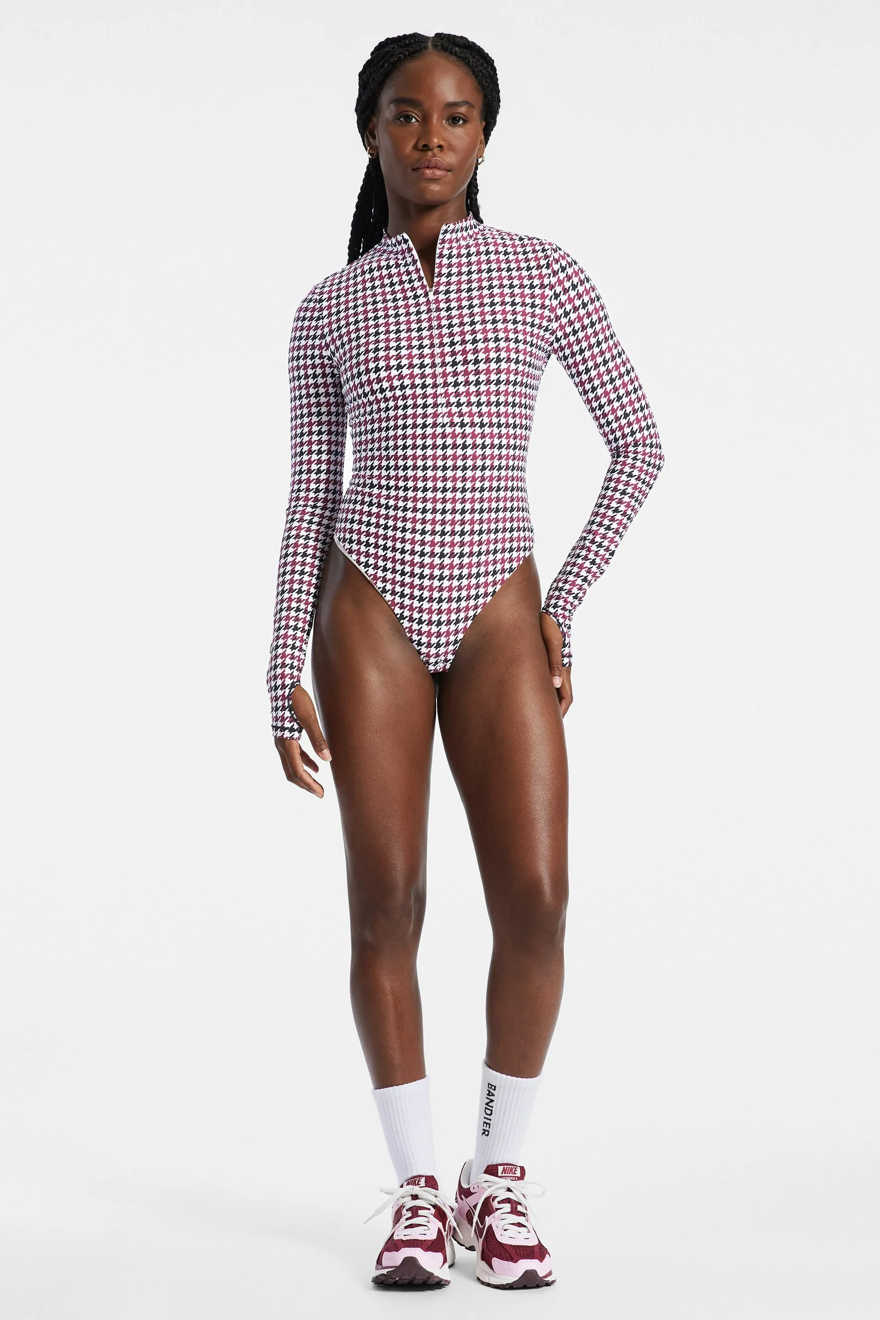 Brio 1/4 Zip Long Sleeve Bodysuit - Cordovan Houndstooth